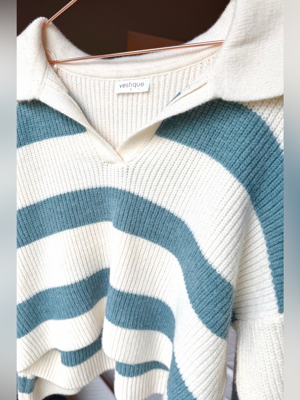 Vestique Authentic Self Striped Oversized Knit Collared Sweater, cream/blue, L